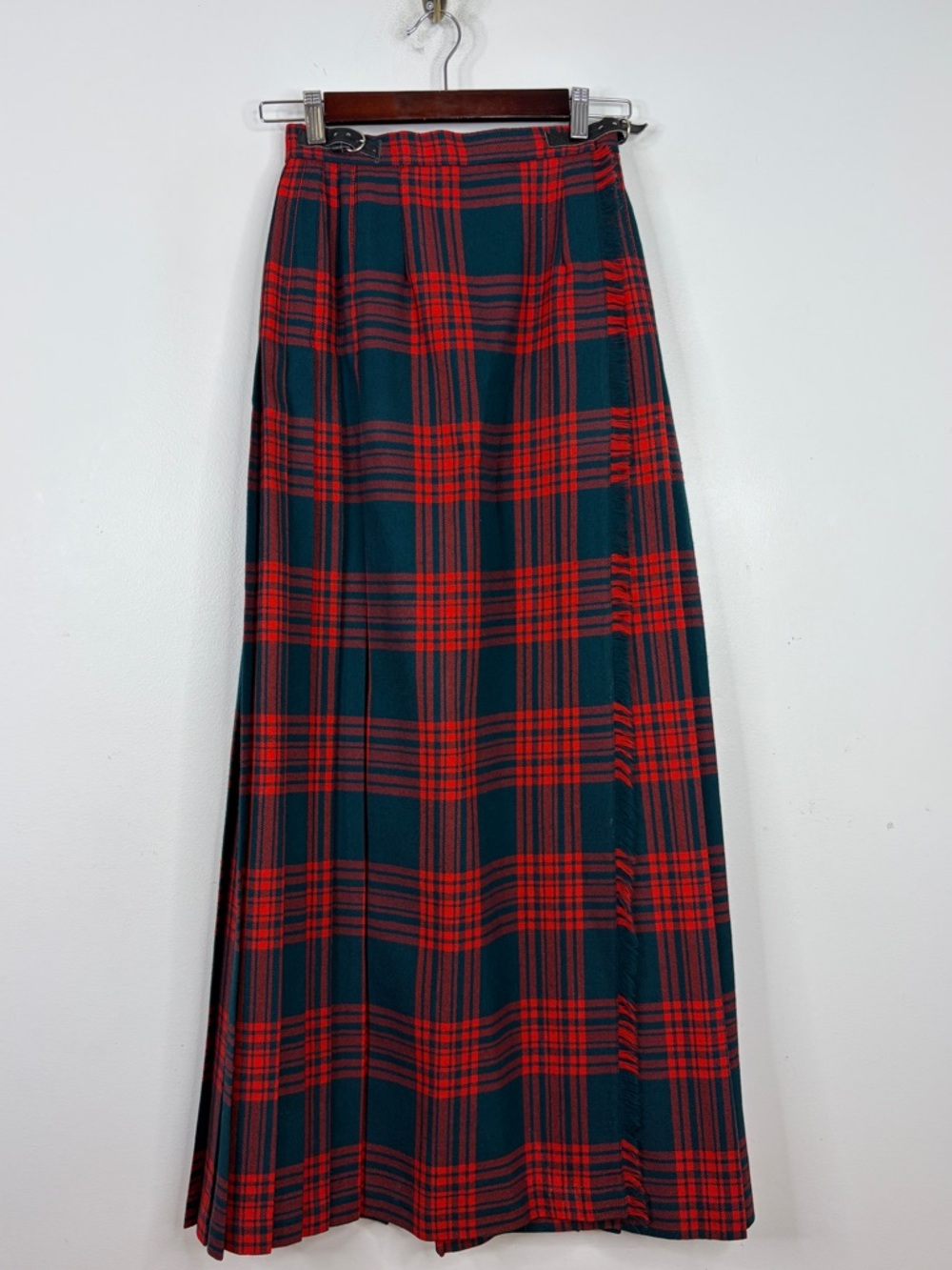 Vintage Kilt Womens XS Red Dark Green Tartan Plaid Wool Pleated Wrap Maxi Preppy